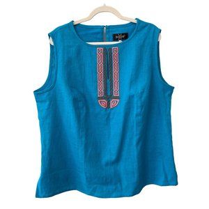 ZaZo Embroidered Tank Top Women 18 Keyhole Blue Linen Boho Hippie Trendy Summer